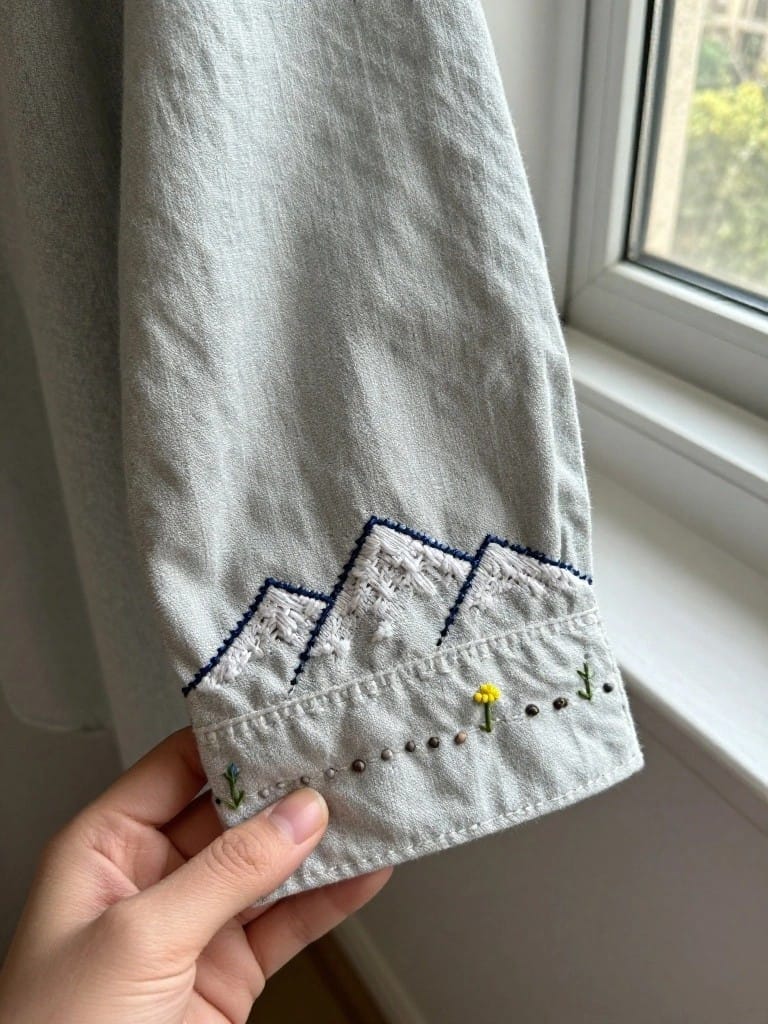 Gray fabric shirt cuff embroidered with navy and white mountains, dotted path, yellow flower, and green cacti.