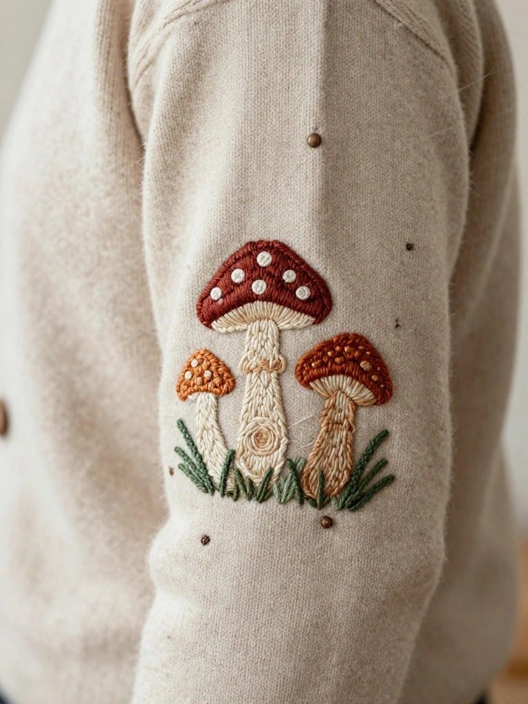Cream knit sweater sleeve with embroidered red, orange, and beige mushrooms plus green grass.