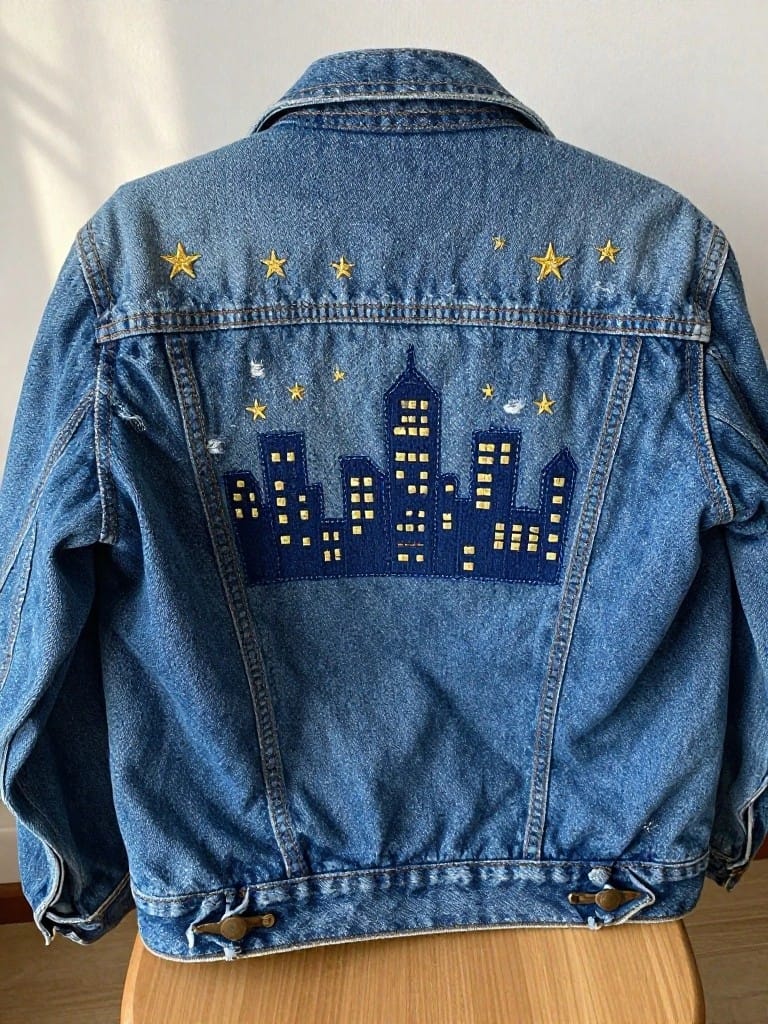 Back view of a small blue denim jacket embroidered with a dark blue city skyline, yellow-lit windows, scattered yellow stars, and a crescent moon.