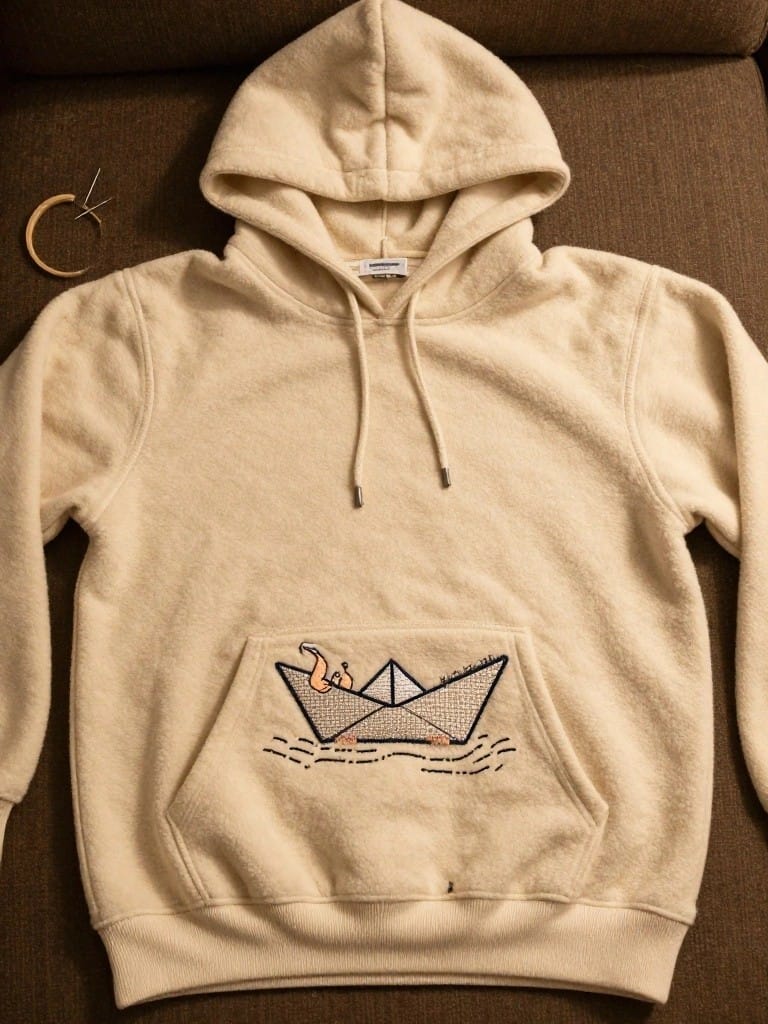 Beige hoodie laid flat with a dark-thread embroidered paper boat, orange figure inside, and waves on the kangaroo pocket.
