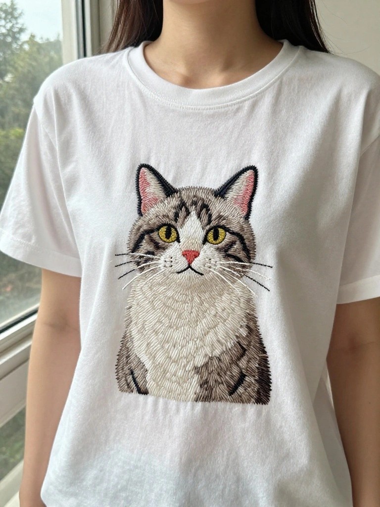 White t-shirt with embroidered gray tabby cat face on left chest area, modeled on a person indoors near a window.