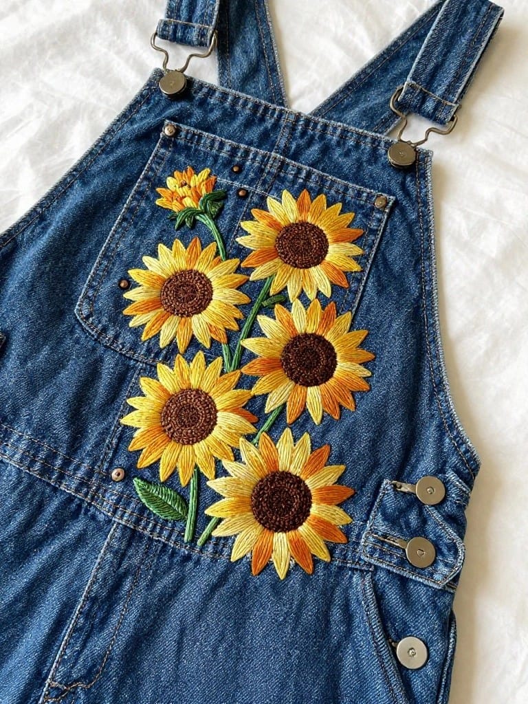 Blue denim overalls with a cluster of embroidered yellow sunflowers on the front bib pocket.