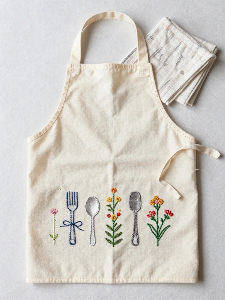 A beige child's apron embroidered with a row of utensils stylized as flowering plants in colorful threads, shown with folded white towels.