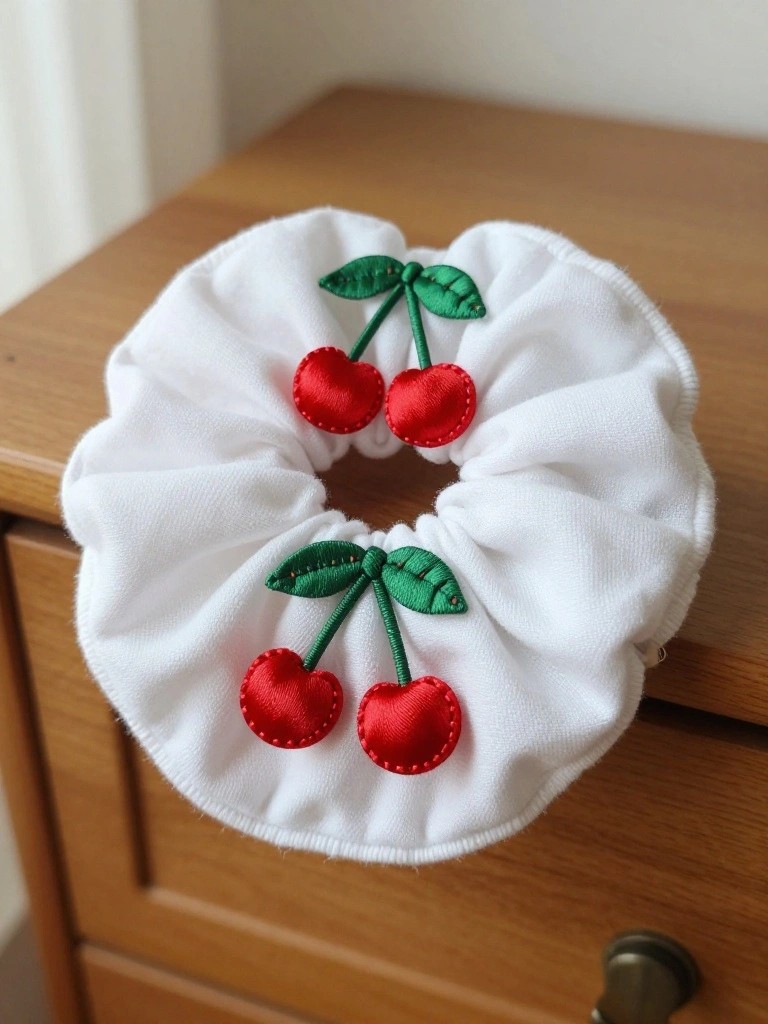 Two white fabric scrunchies with embroidered red cherries and green leaves on a wooden table.