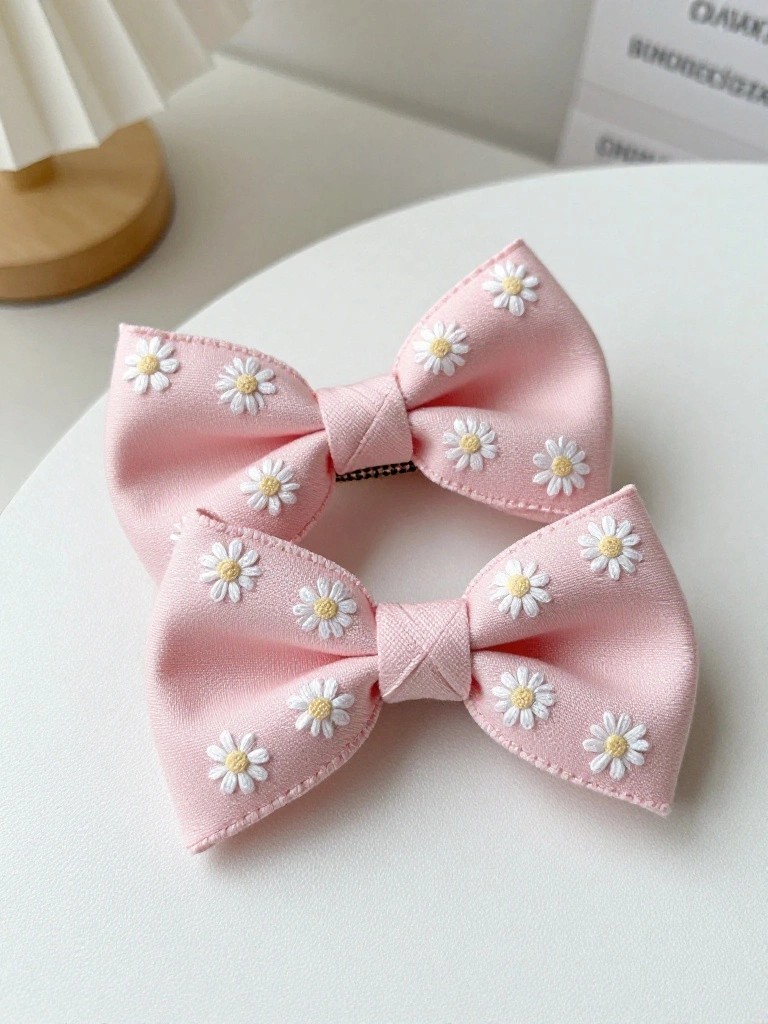 Two pink fabric bow hair clips embroidered with clusters of white daisies and yellow centers on a white surface.