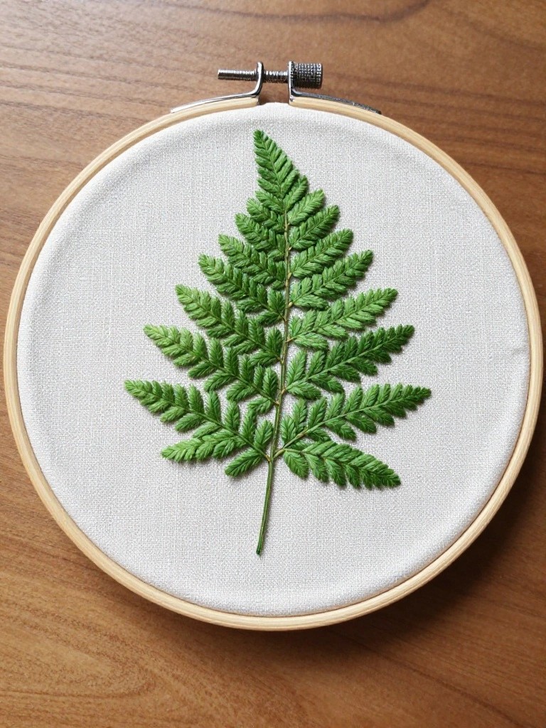 Green embroidered fern leaf centered in a wooden embroidery hoop on white fabric.