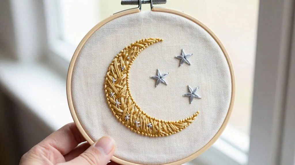 A hand holds a small white embroidery hoop featuring a textured gold crescent moon and two silver stars on white fabric.