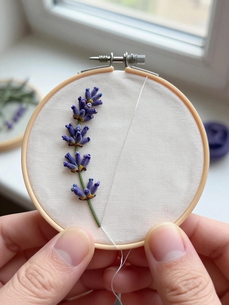 A small wooden embroidery hoop displays two vertical purple lavender stems with leaves on white fabric, held in hands.