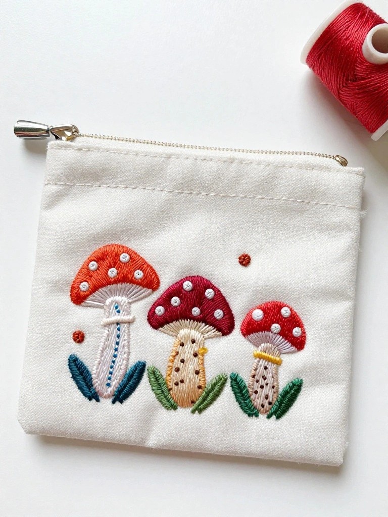 White zippered fabric pouch embroidered with three mushrooms in white, red, and orange, plus a ladybug and leaves.