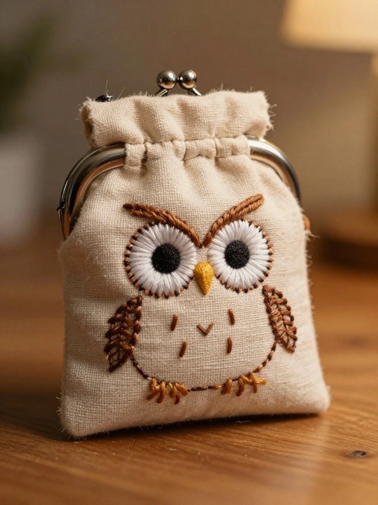 Beige fabric coin purse with metal clasp, embroidered with a brown owl face featuring large white eyes.