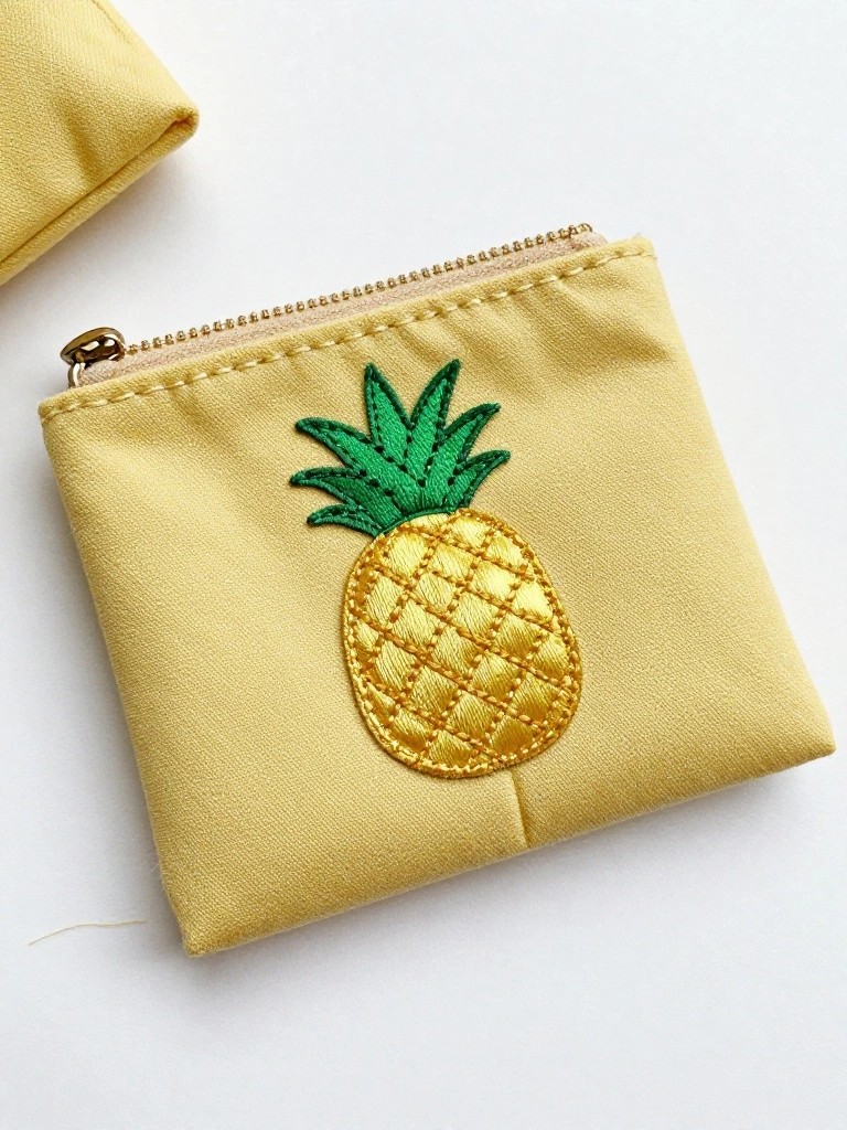 Yellow zippered fabric coin purse with green and gold embroidered pineapple on the front.