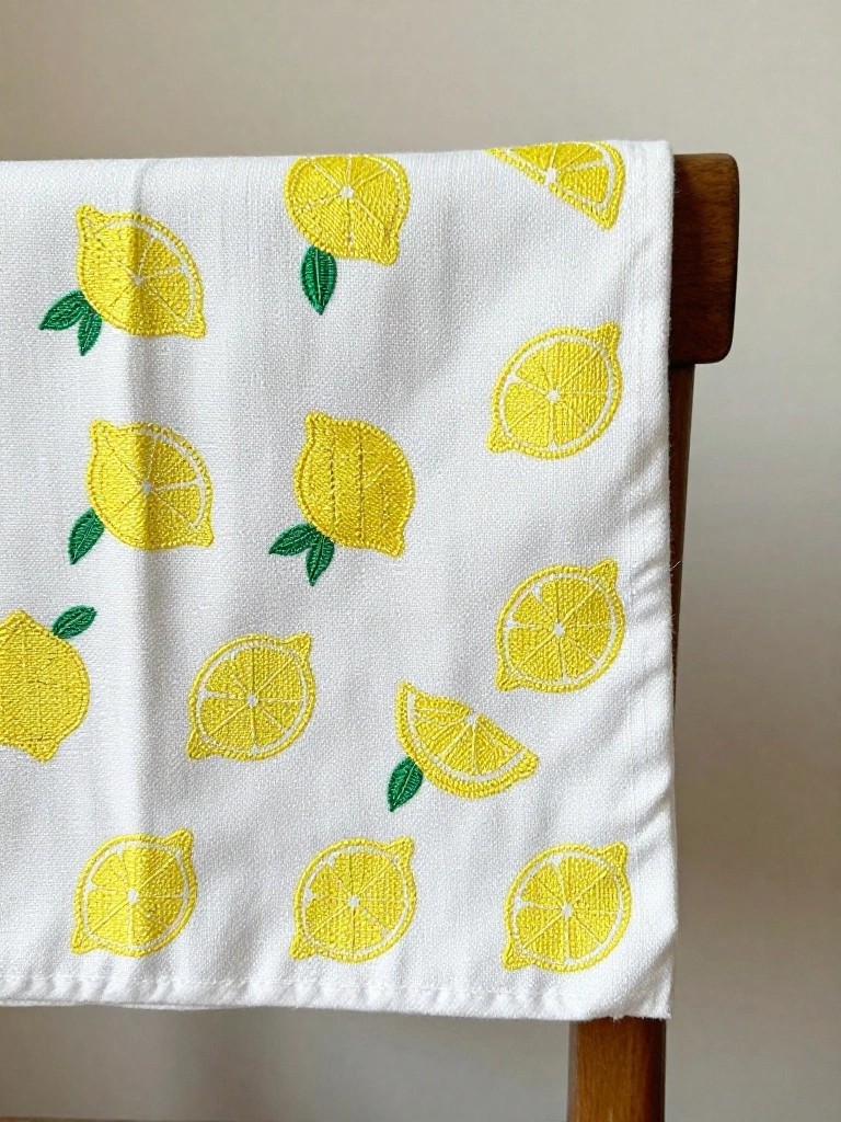 White tea towel with yellow embroidered lemons and green leaves draped over a wooden chair back.