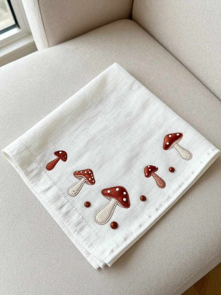 White napkin with small embroidered brown mushrooms along the edges and corners on a beige couch.