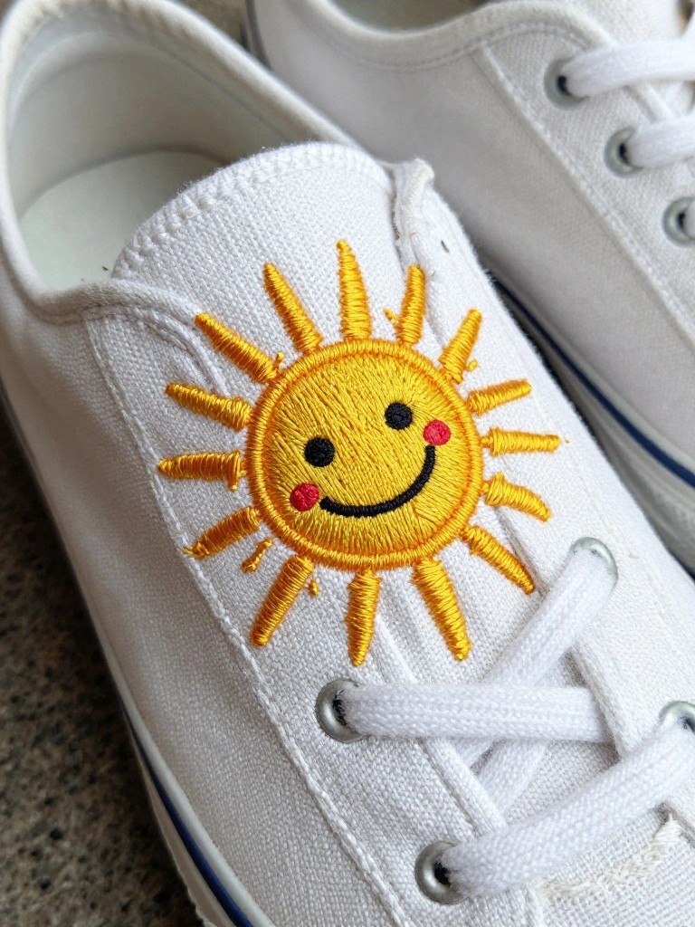 White canvas sneakers feature a yellow embroidered smiling sun with rays and cheeks on the upper side.