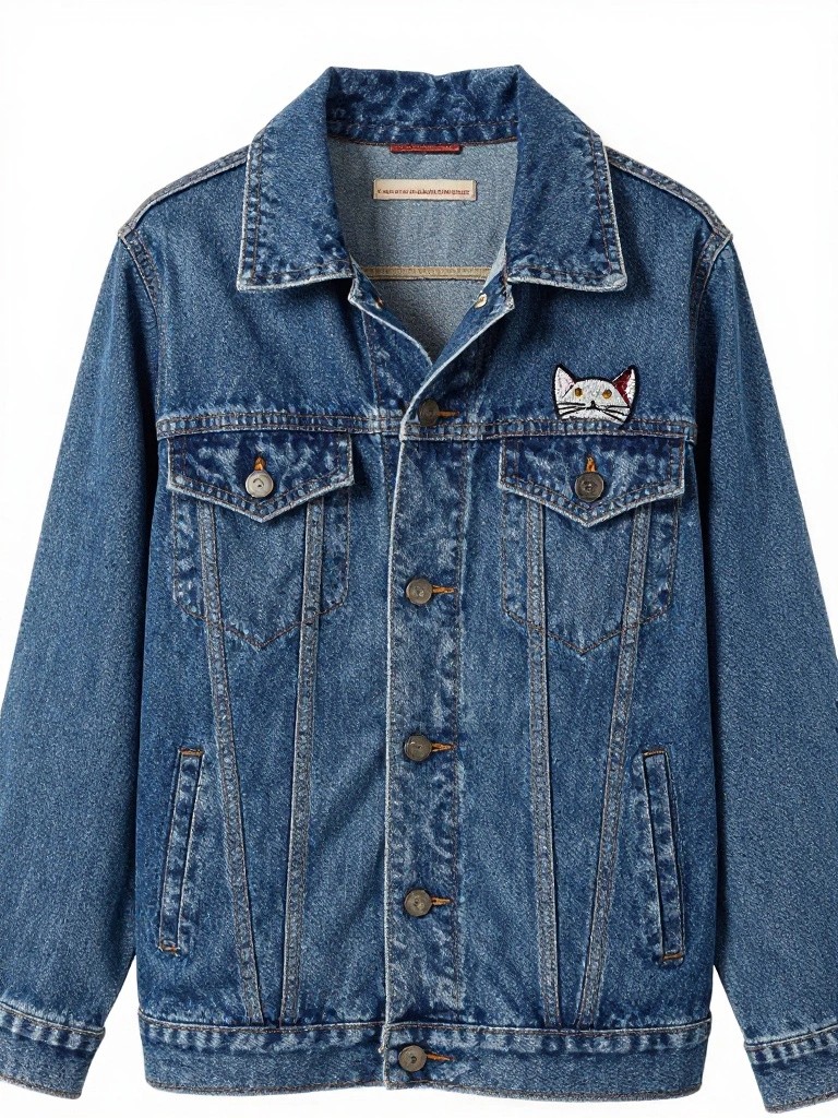 Blue denim jacket with a white cat embroidery patch featuring red details on the left chest area.