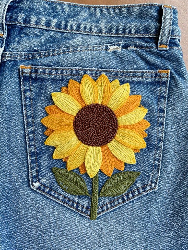 Sunflower embroidery on the back pocket of faded blue jeans.