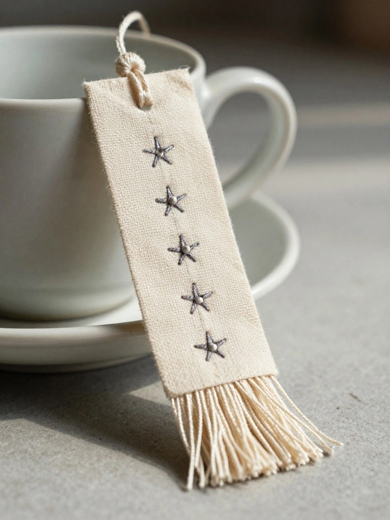 Beige fabric bookmark with five small gray embroidered stars in a vertical line and cream fringe tassel, hanging from the handle of a white teacup on a saucer.