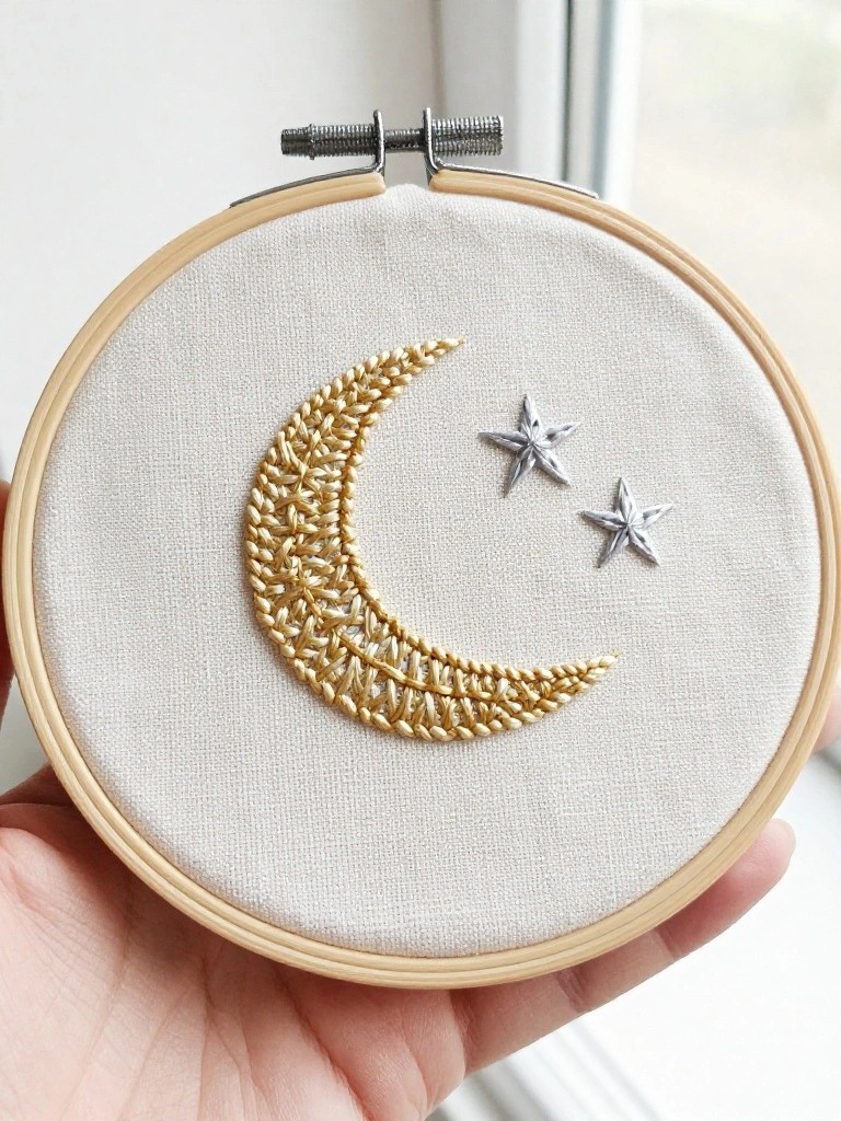 A hand holds a small white embroidery hoop featuring a textured gold crescent moon and two silver stars on white fabric.