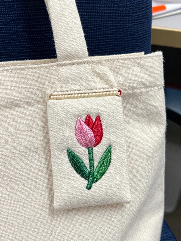 Beige canvas tote bag with a small white zippered pocket embroidered with a red tulip flower and green leaves on the side.
