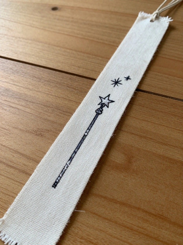White fabric bookmark with black embroidered magic wand and small stars in the center.