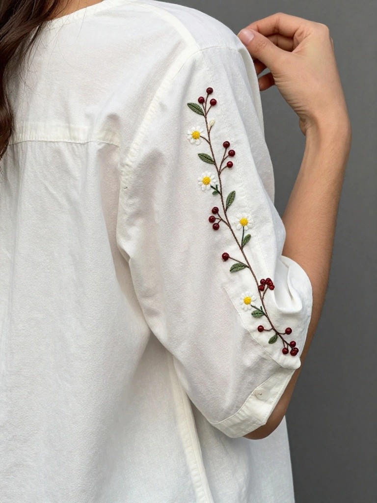 White short-sleeved shirt with yellow daisies and red berries embroidered in a vertical stem design along the outer sleeve edge.
