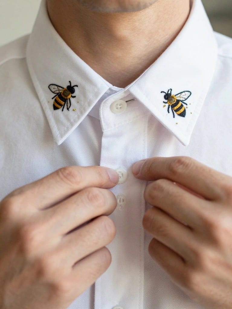 A man's white dress shirt with black and yellow bumblebee embroidery on both collar points, hands buttoning the top.