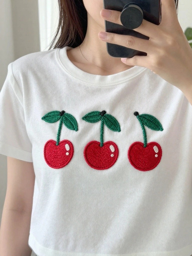 White crop top with three red embroidered cherries and green leaves in a row across the front chest, worn by a model taking a selfie.