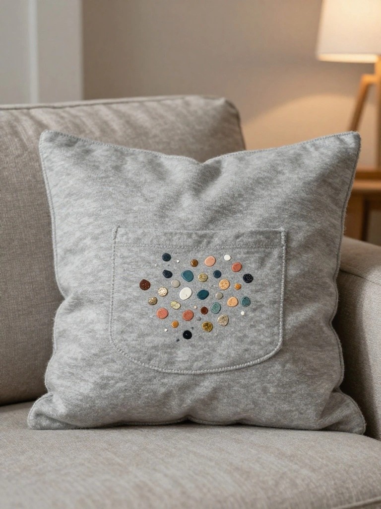 Gray fabric pillow with an embroidered pocket filled with scattered colorful dots in various sizes and shapes.