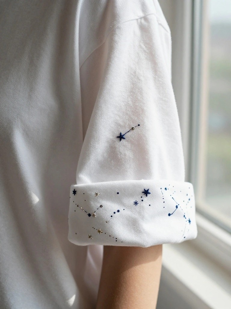 White short-sleeve t-shirt cuff embroidered with blue thread stars, constellation lines, and gold beads extending slightly up the sleeve.