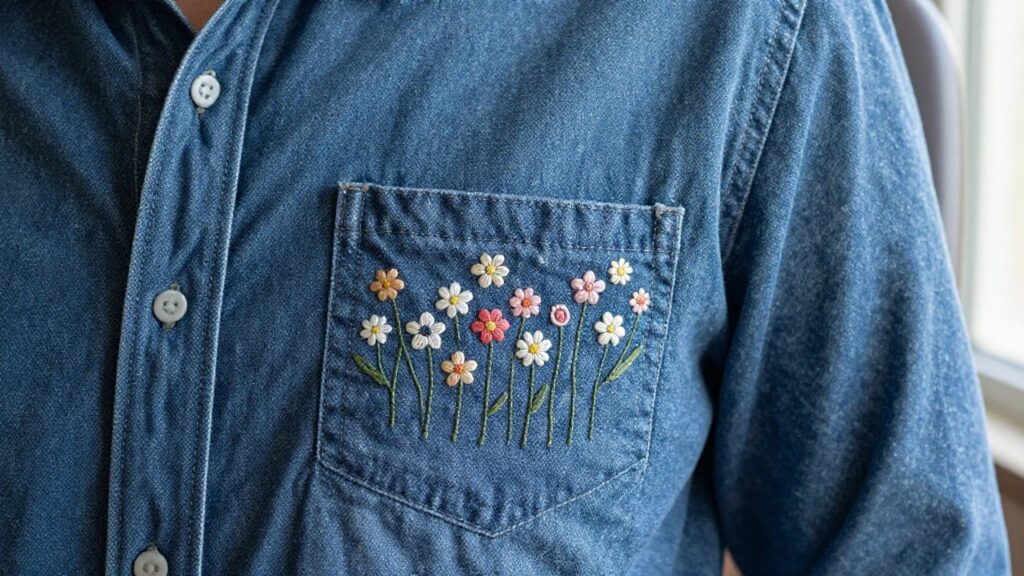 Close-up of small white and pink embroidered daisies with green stems on the pocket of a blue denim shirt.