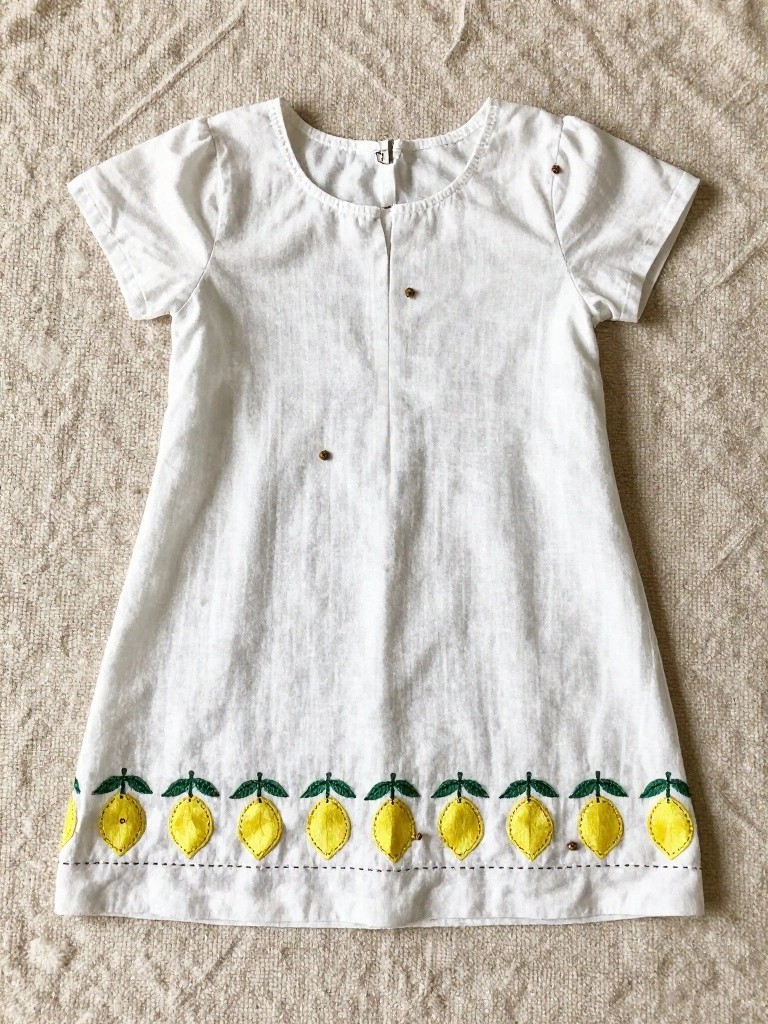 White short-sleeved linen dress laid flat with yellow embroidered lemons and leaves in a row along the hem.