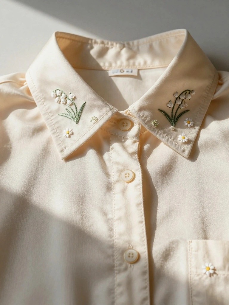 Cream button-up shirt collar with embroidered white lily of the valley flowers and green leaves along the edges and points.