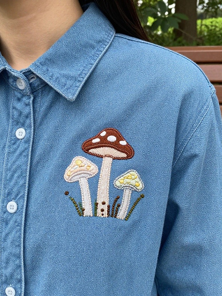 Blue denim shirt with three embroidered mushrooms and grass on the upper chest near the buttons.