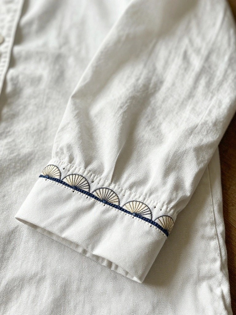 White shirt cuff embroidered with a row of navy and tan fan-shaped scallop motifs along the edge.