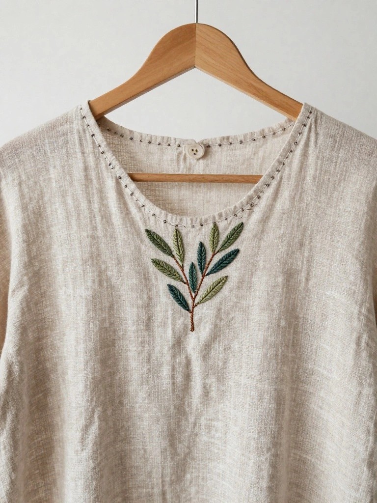 Beige linen shirt hanging on a hanger with green embroidered olive branch at the V-neckline.