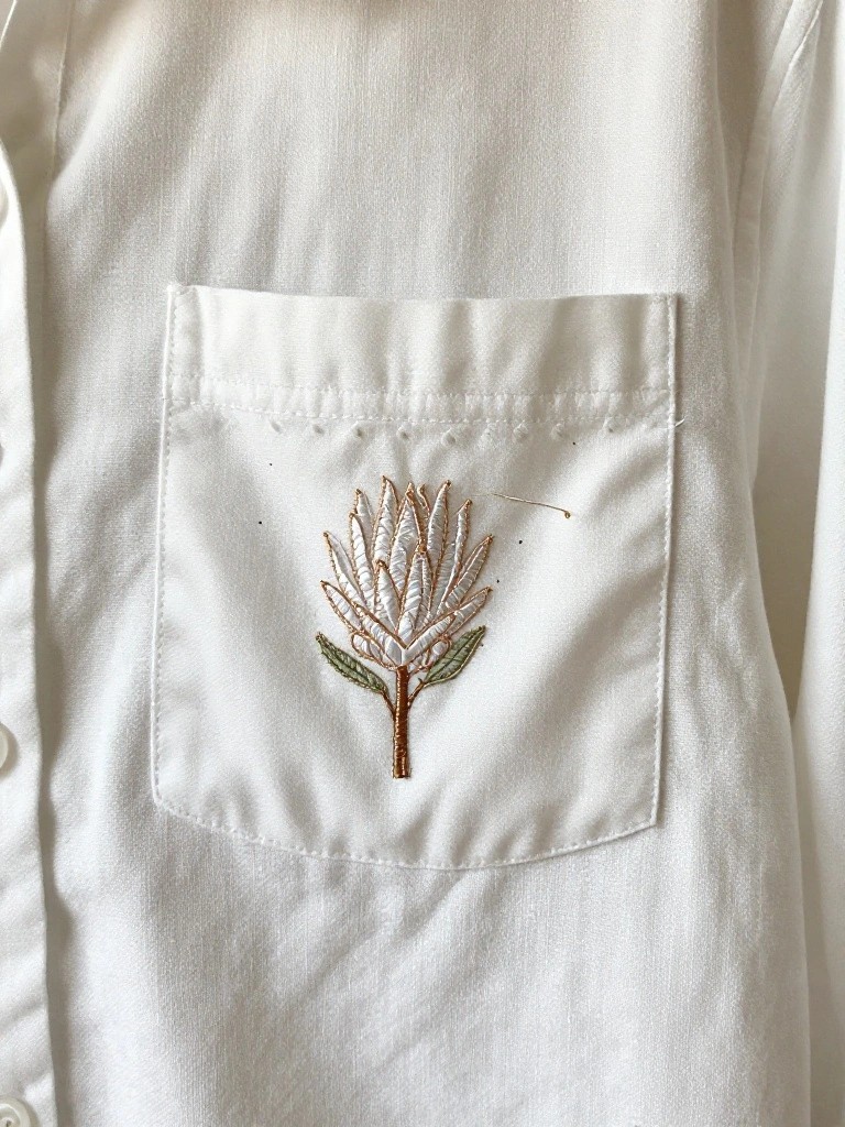 White shirt pocket embroidered with a protea flower in white, beige, and green threads.