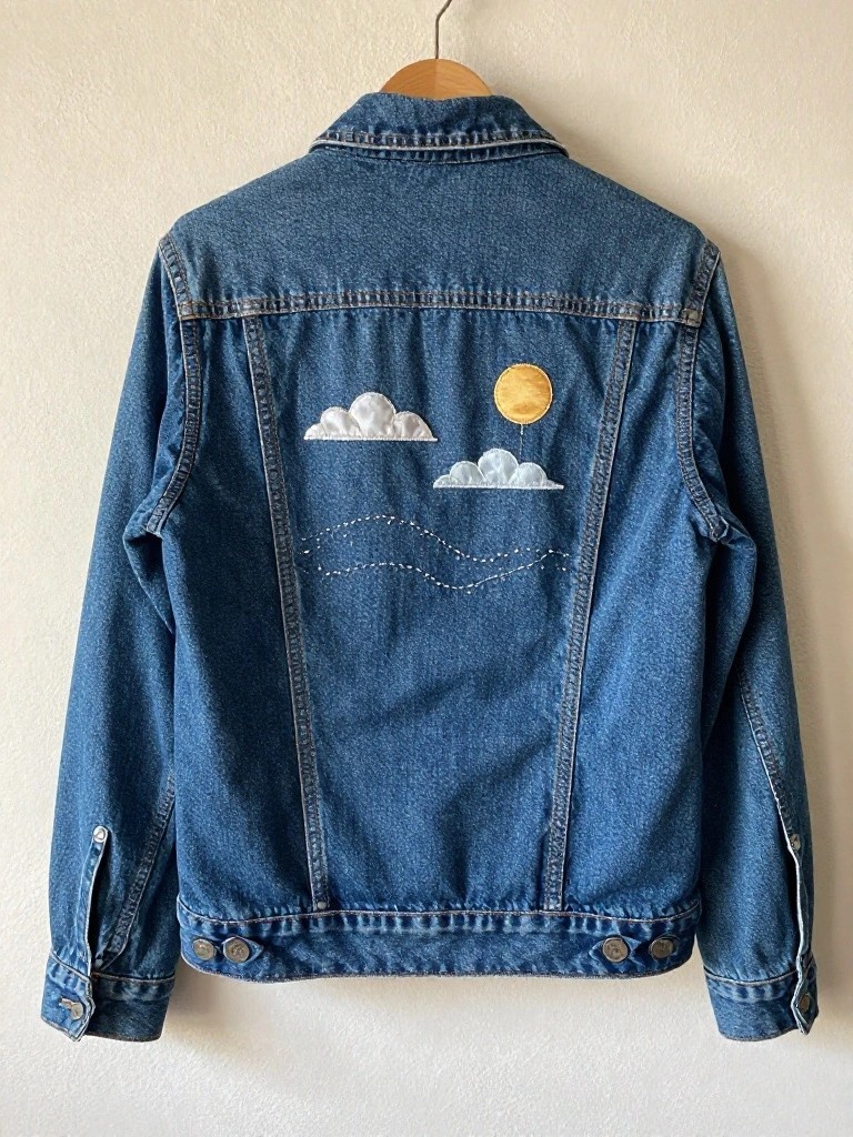 Back view of a blue denim jacket embroidered with a yellow sun, two white clouds, and white wavy lines on the upper back.