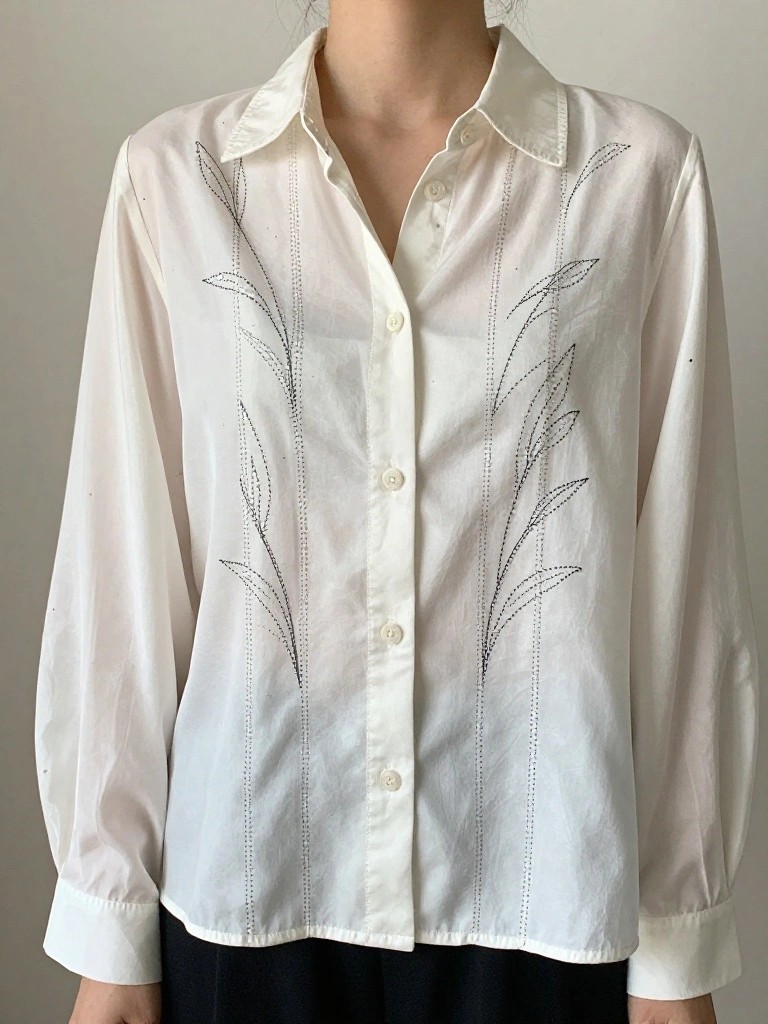 White sheer collared blouse with gray embroidered elongated leaf stems vertically along both front panels.