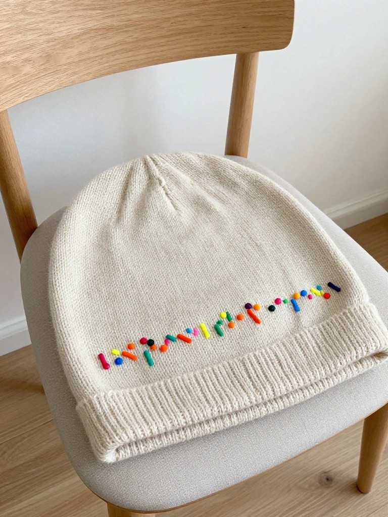 Cream knit beanie with a line of small multicolored embroidered sprinkles on the front lower band, draped over a wooden chair.