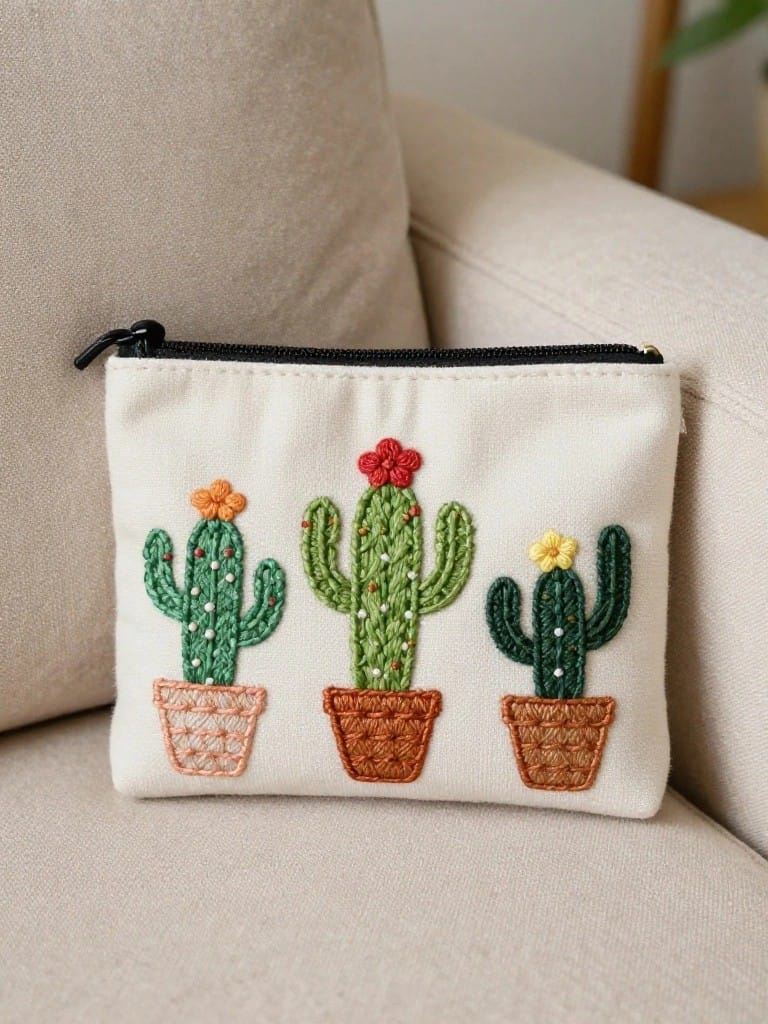 White canvas zippered pouch embroidered with three green cacti in orange pots and colorful flowers, placed on a beige couch.