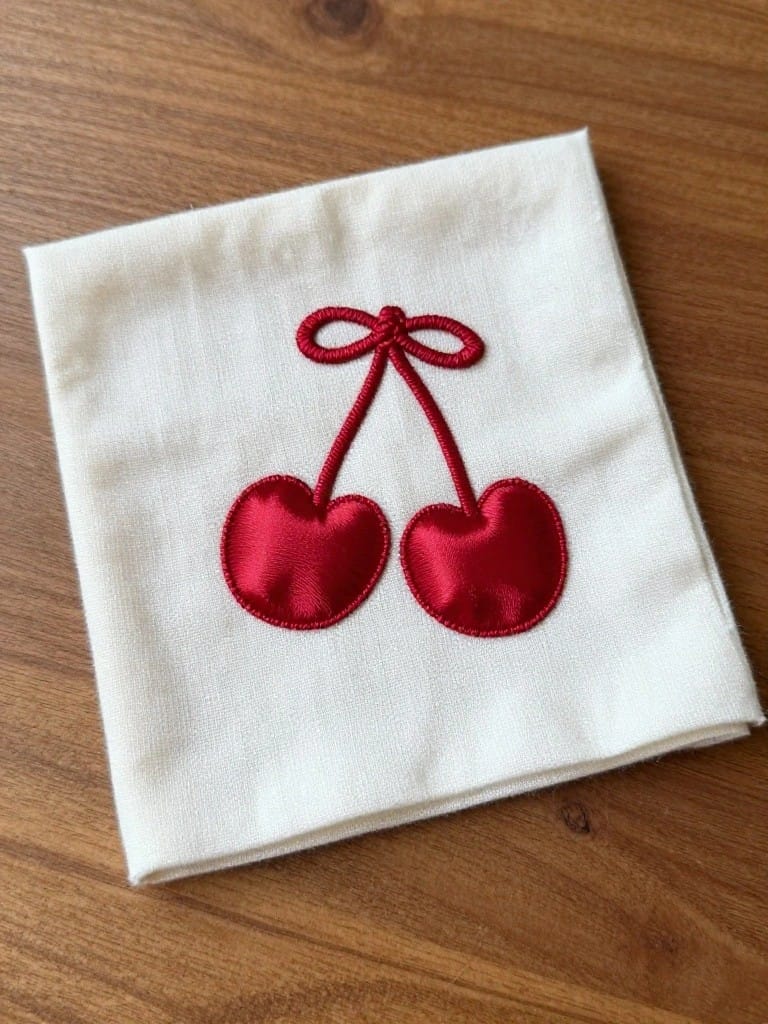 White square cloth napkin embroidered with two red heart-shaped cherries, red stem, and bow on a wooden table.