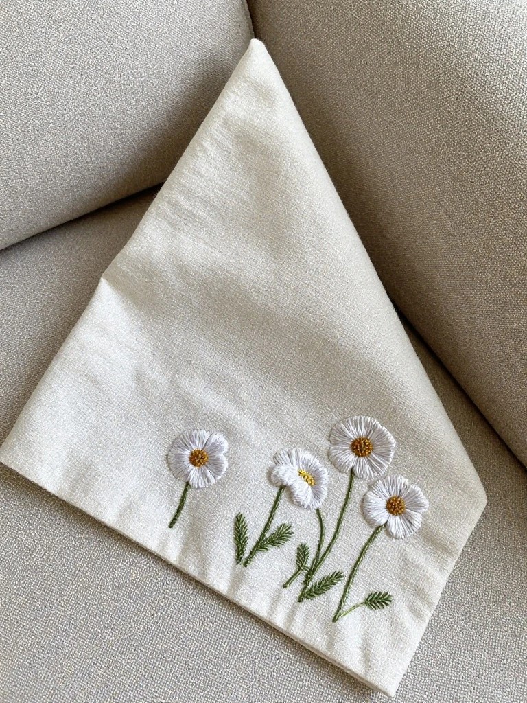 White linen napkin folded on a beige couch with a cluster of small embroidered white daisies, yellow centers, and green stems on one corner.