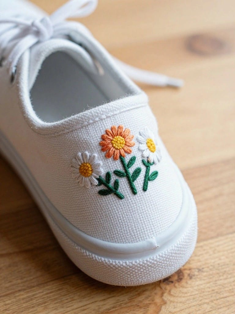 White canvas sneakers with orange and white daisy embroidery on the outer heel side.