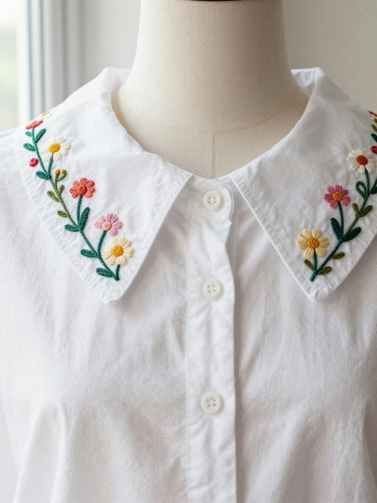 White collared shirt on a mannequin with small embroidered flowers and leaves in pink, yellow, orange, and green along both edges of the collar.