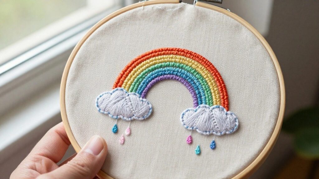 Handheld embroidery hoop on beige fabric with multicolored rainbow, white textured clouds, and pink raindrops.
