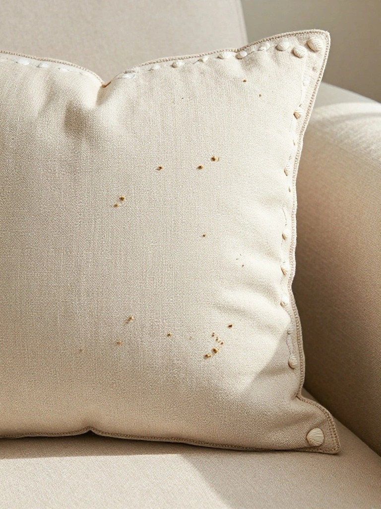 Cream-colored pillow cover embroidered with scattered small golden dots and edged with piping.