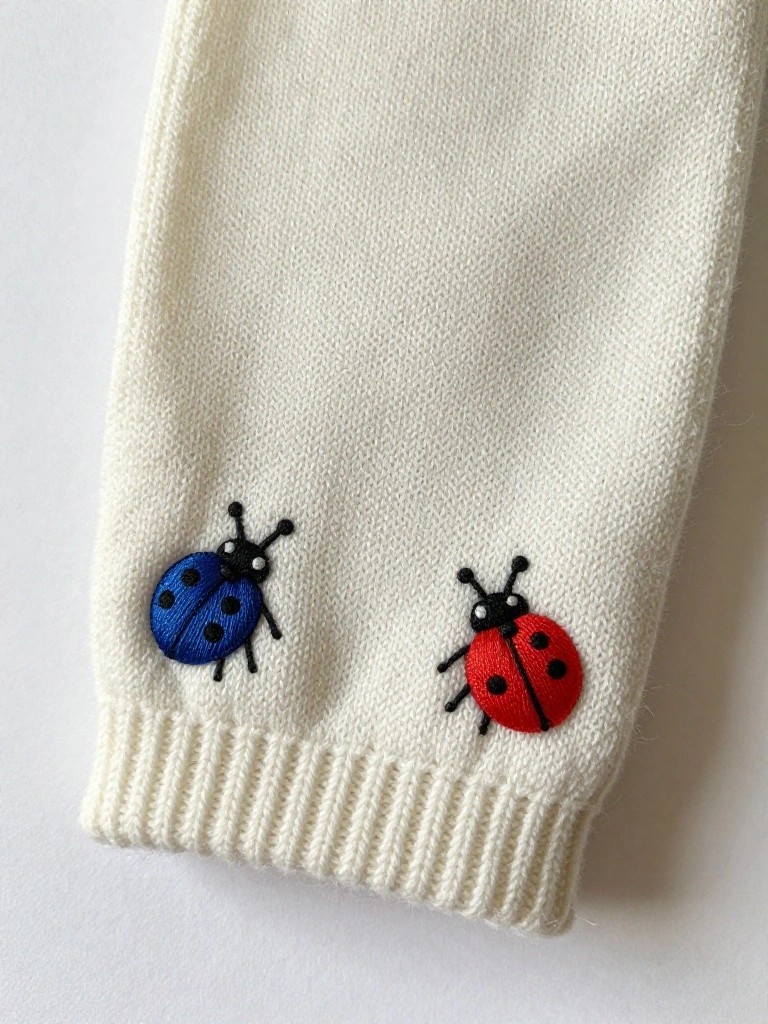 White knit sleeve cuff embroidered with small blue and red ladybugs outlined in black.
