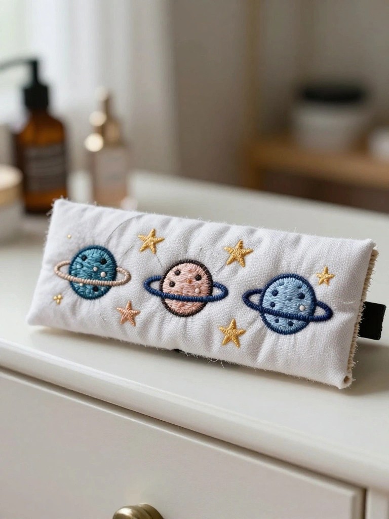 White padded rectangular fabric pouch embroidered with three colorful planets and stars on a starry background, placed on a bathroom dresser next to a soap dispenser.