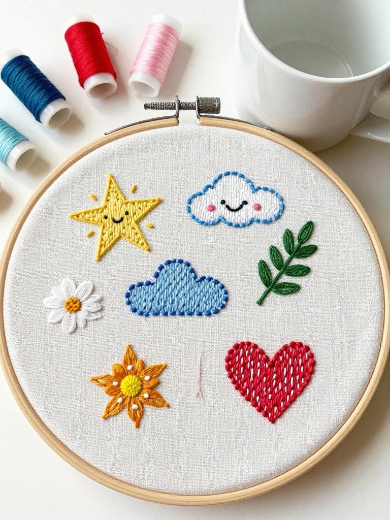 Embroidery hoop on white fabric with scattered small motifs of a yellow smiling star, white and blue clouds, white daisy, orange flower, green leaves, and red heart, surrounded by colored thread spools and a white mug.