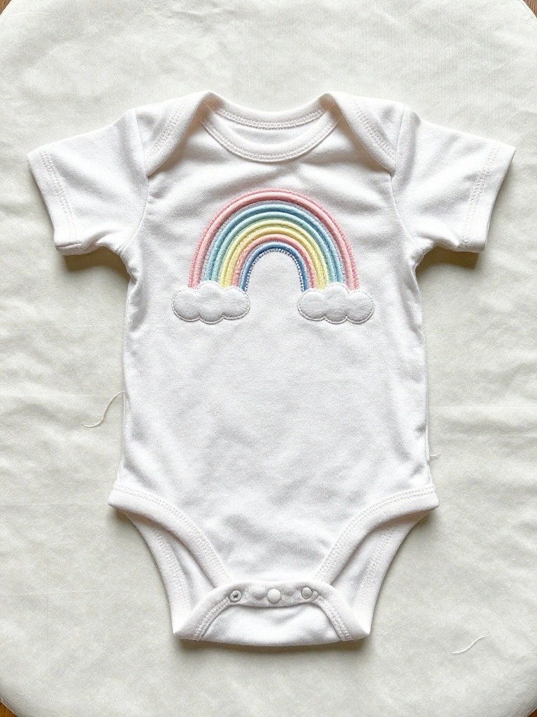 White baby onesie laid flat with multicolored embroidered rainbow and white puffy clouds on the front chest.